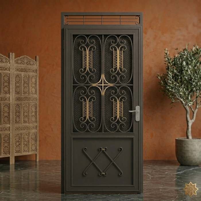 Porte fer forgé volutes arabesque panneau ajouré sécurité villa riad – BabDark artisan Maroc