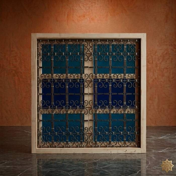 Fenêtre bois massif grille fer forgé volutes carreaux bleu style marocain – BabDark artisan Maroc sur mesure