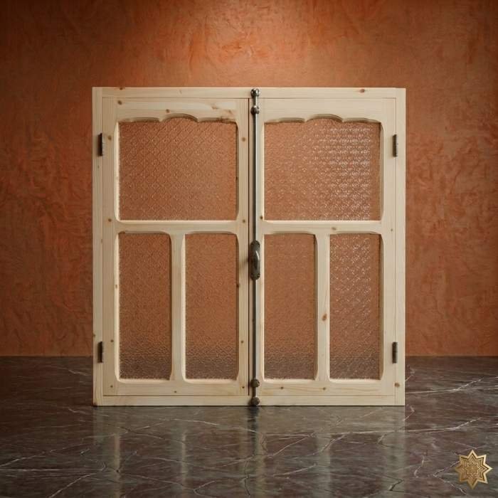 Fenêtre double battant bois naturel arc décoratif sculpté verre texturé menuiserie artisanale – BabDark Maroc