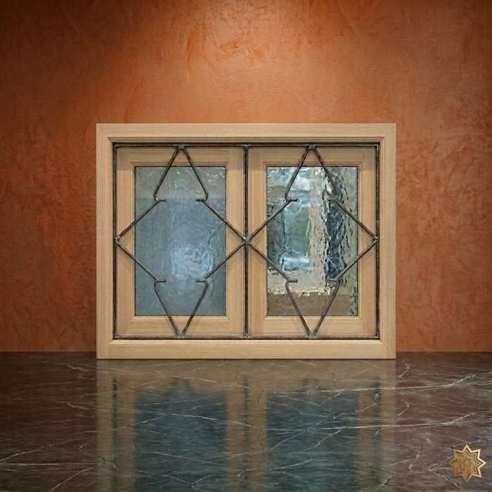 Fenêtre horizontale double battant bois naturel losanges fer forgé verre texturé artisanal – BabDark sur mesure Maroc
