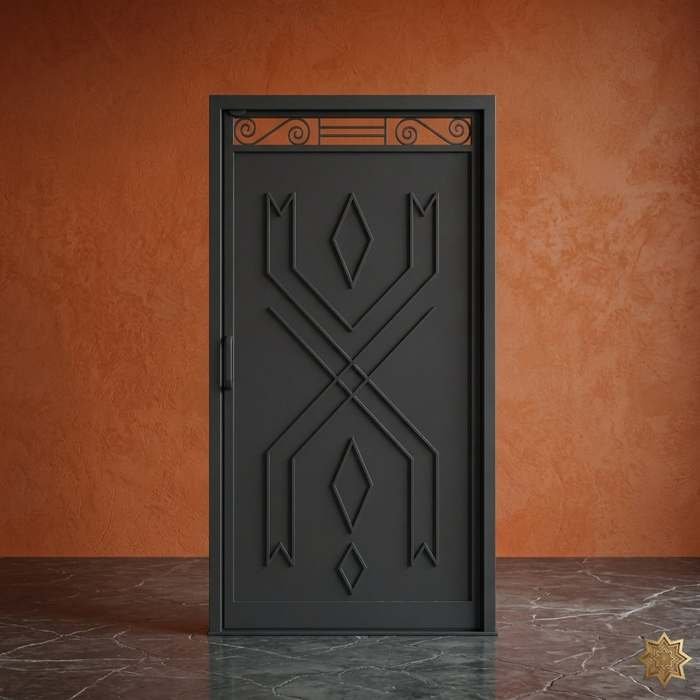 Porte fer forgé noire motifs géométriques berbères sur mesure – BabDark fabricant portes fer Maroc