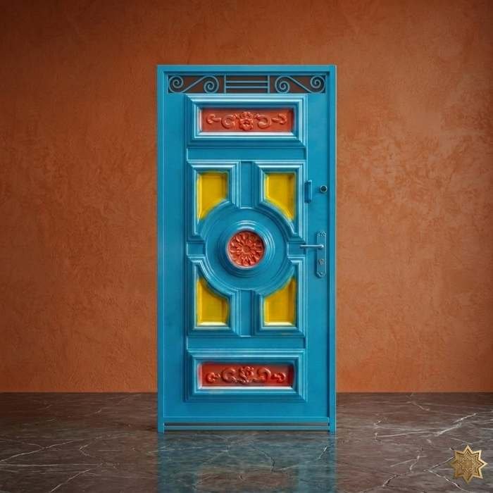 Porte fer forgé bleue colorée médaillon central floral décoration marocaine – BabDark Maroc